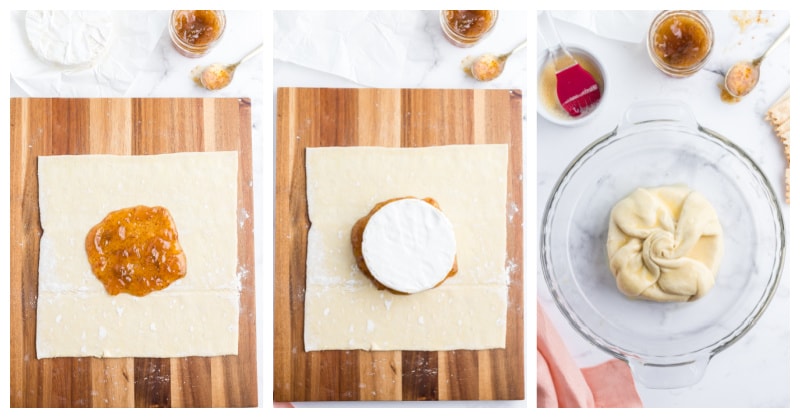 three photos showing how to assemble baked brie with fig jam