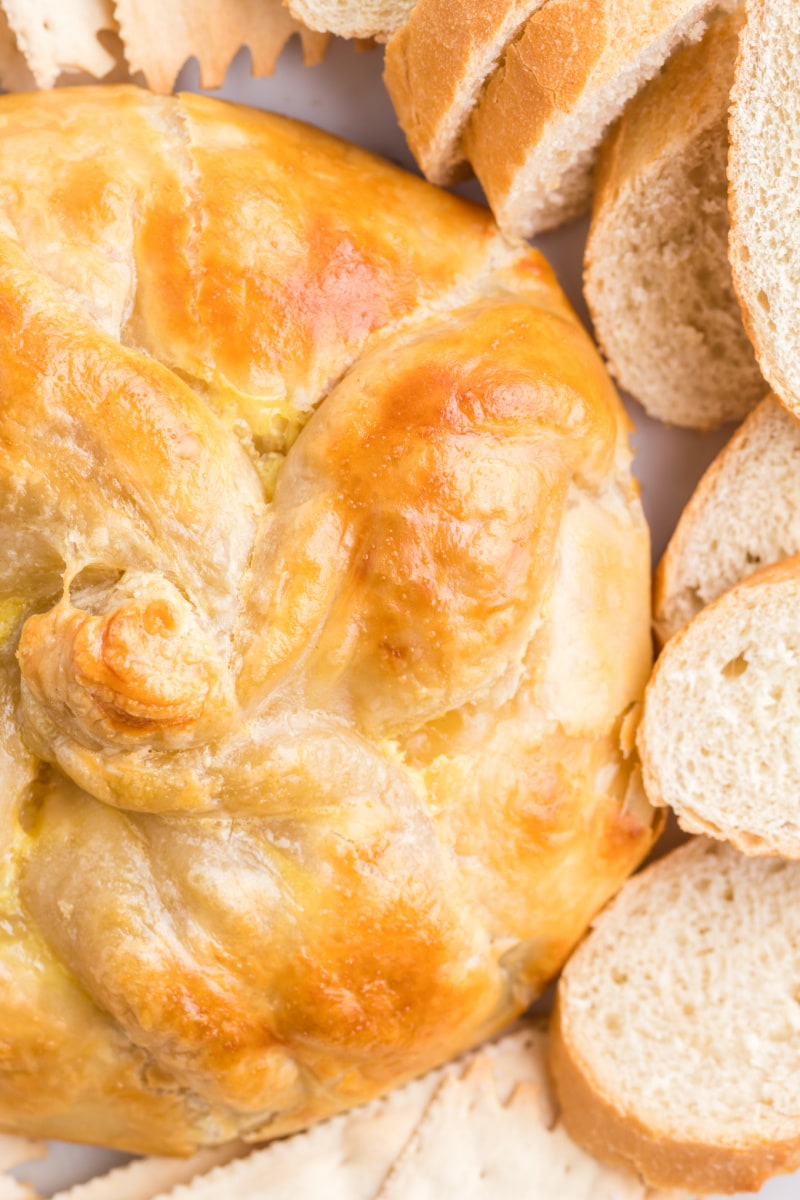 close up of baked brie en croute