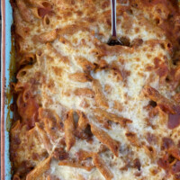 baked penne with italian sausage just out of the oven