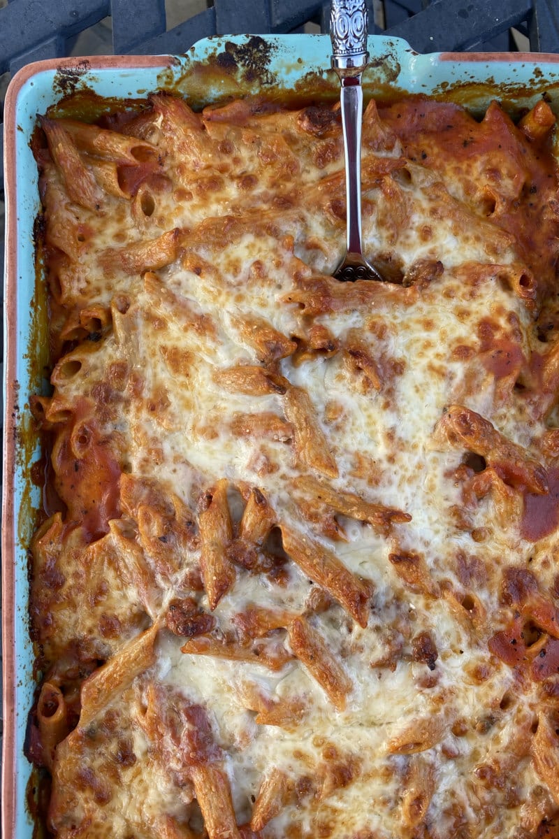 baked penne with italian sausage just out of the oven