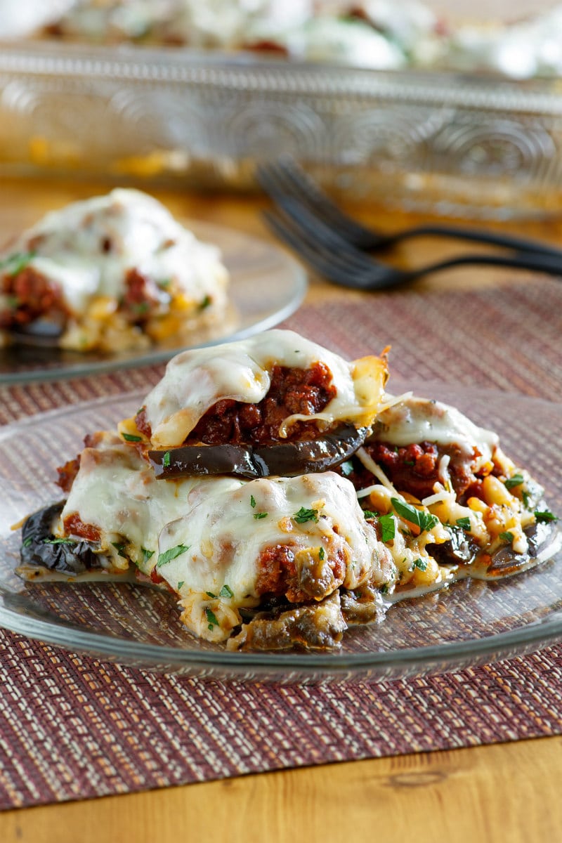 Beef and Eggplant Casserole recipe from RecipeGirl.com #beef #eggplant #casserole #dinner #recipe #RecipeGirl serving of Beef and Eggplant Casserole