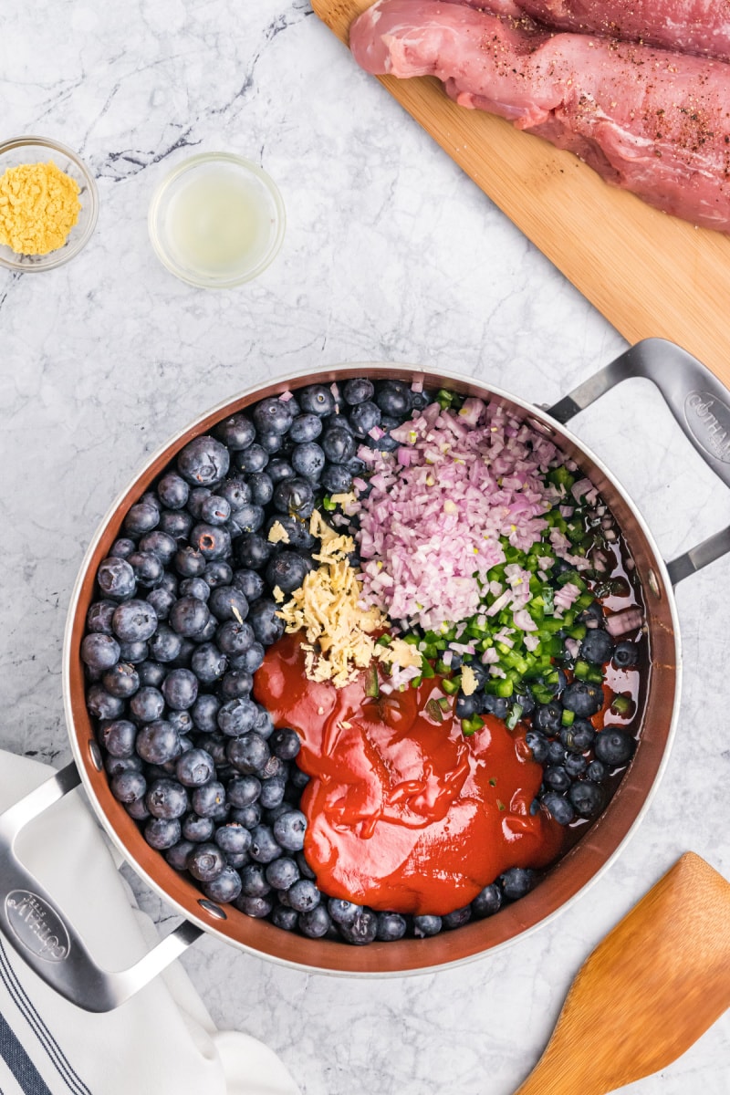 ingredients in pot for making blueberry bbq sauce