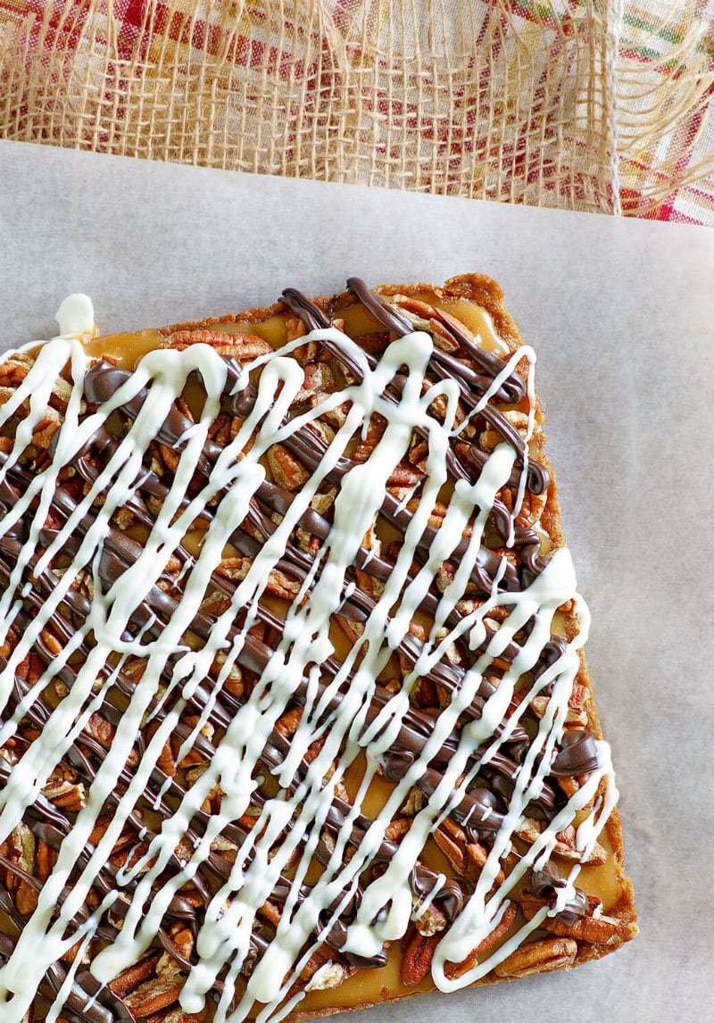 Caramel Pecan Bars in a slab