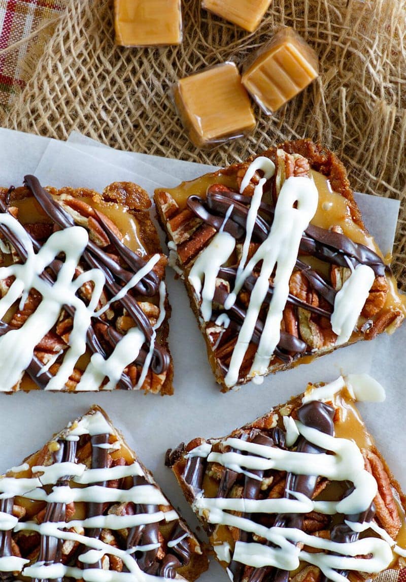 Caramel Pecan Bars with Chocolate Drizzle plus extra caramels