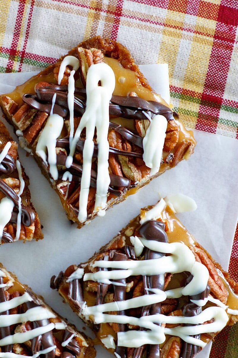 Caramel Pecan Bars with Chocolate Drizzle