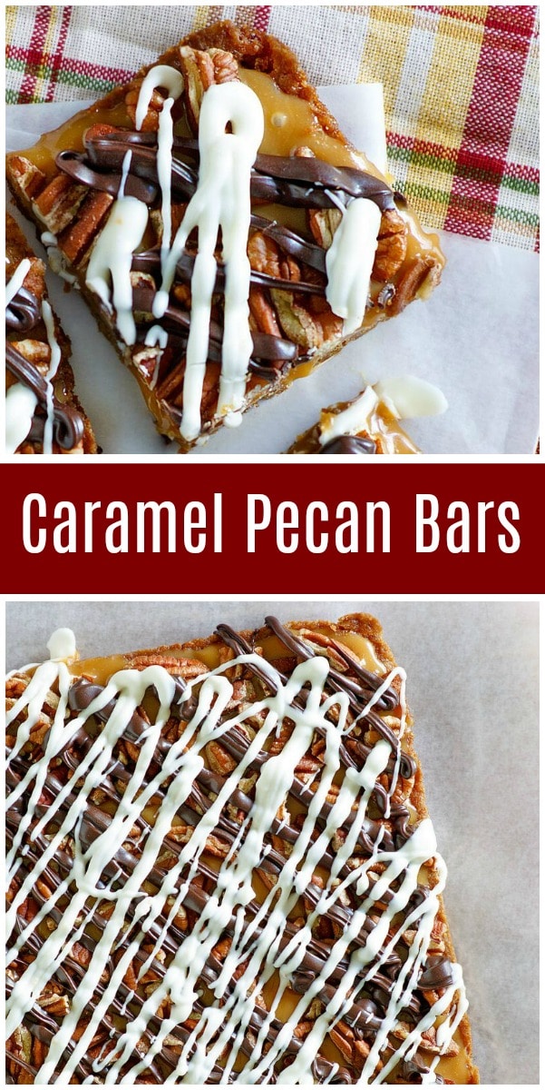 caramel pecan bars with chocolate drizzle