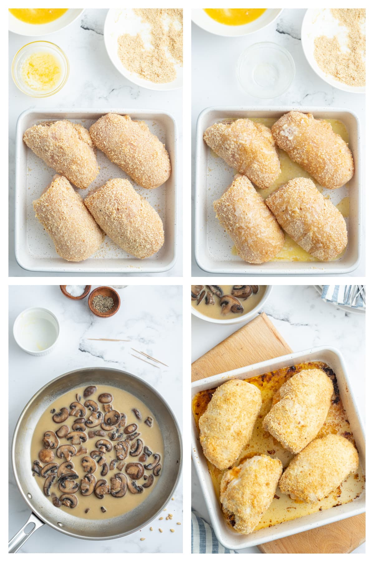 four photos showing how to prep stuffed chicken breasts for baking in dish