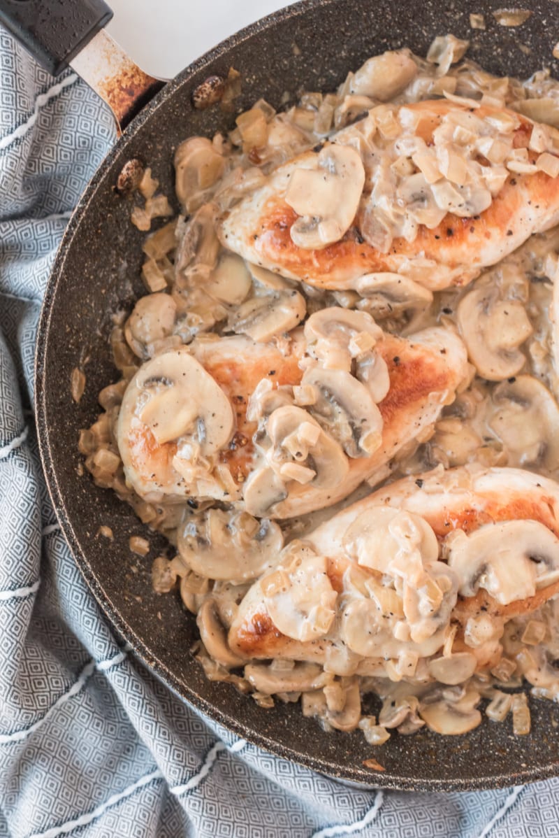 chicken breasts in a skillet with madeira mushroom sauce