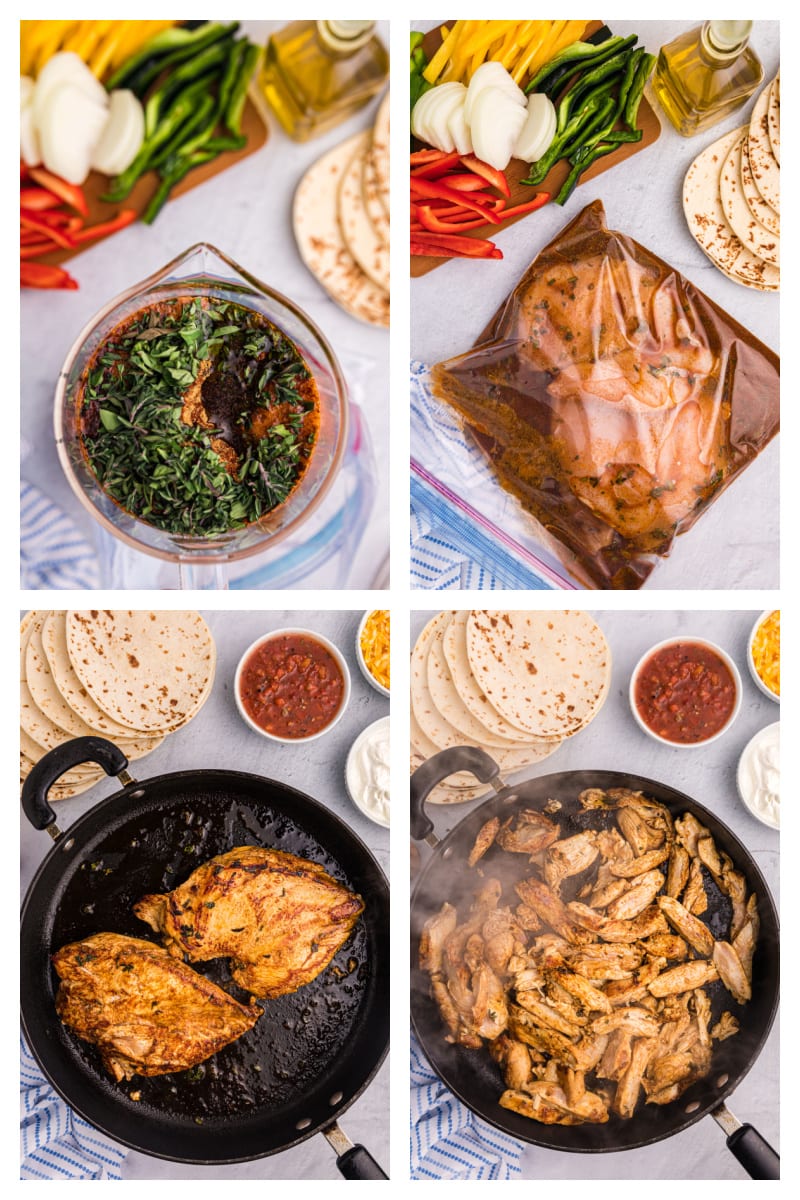 four photos showing marinating chicken and then cooking in skillet