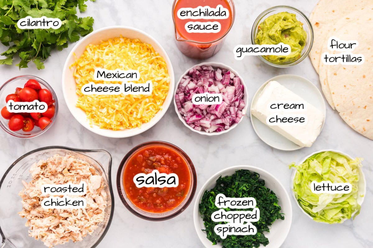ingredients displayed for making chicken and spinach enchiladas