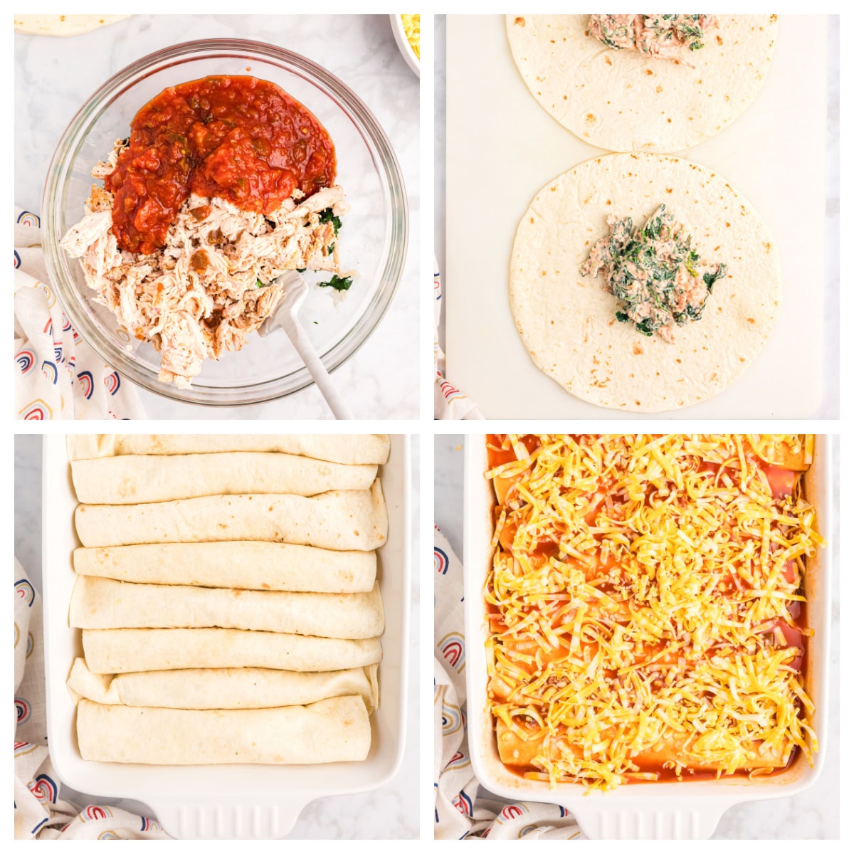 four photos showing how to make chicken and spinach enchiladas