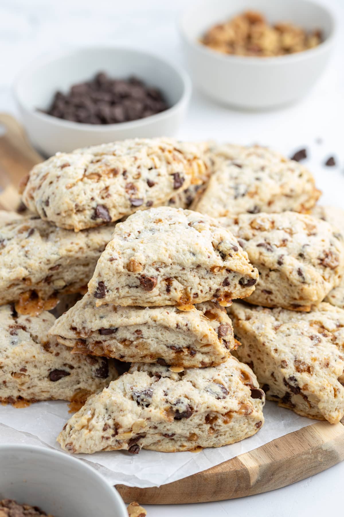 several chocolate chip toffee scones
