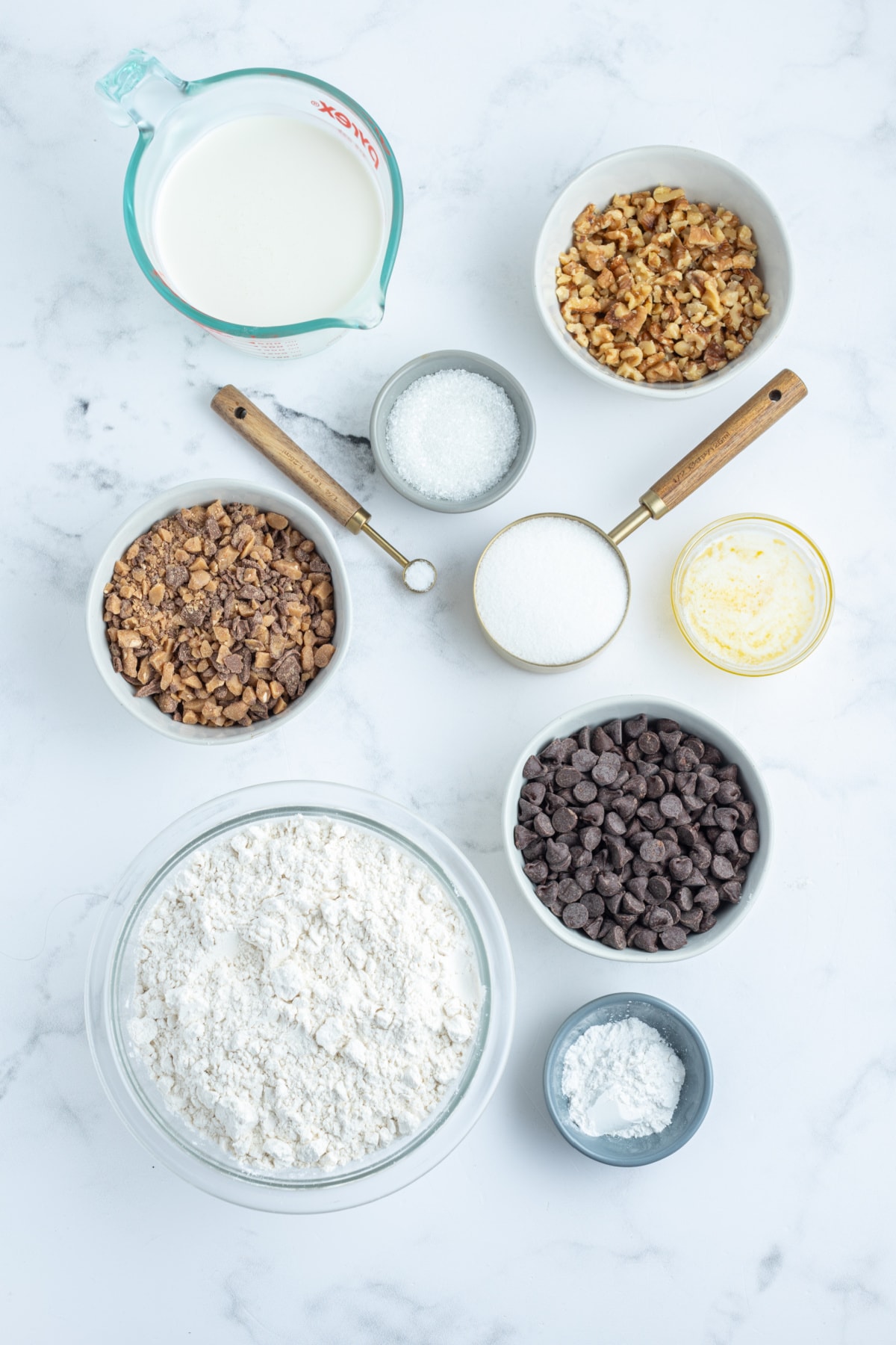 ingredients displayed for making chocolate chip toffee scones