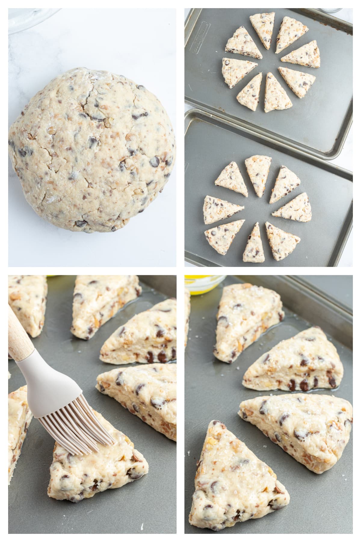 four photos showing how to make chocolate chip toffee scones