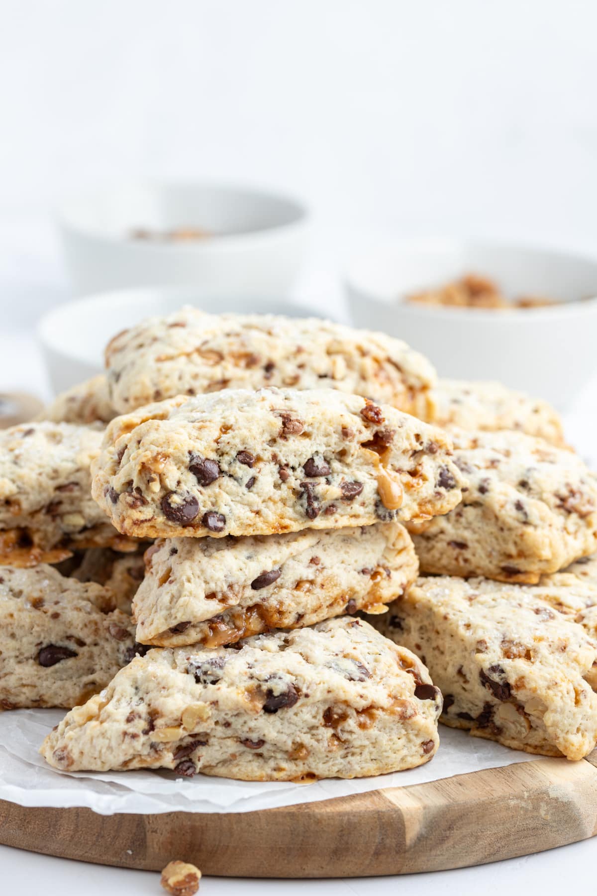 chocolate chip toffee scones stacked on a plate