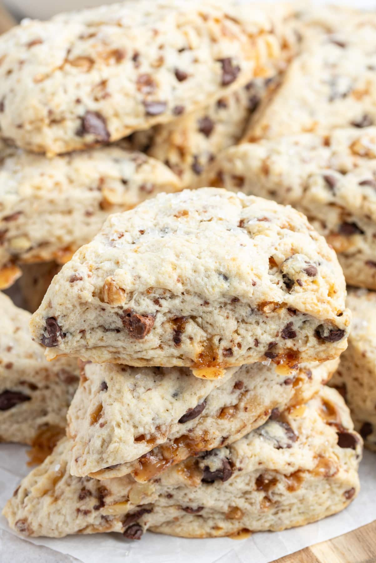 Chocolate Chip Toffee Scones recipe from RecipeGirl.com stacked chocolate chip toffee scones