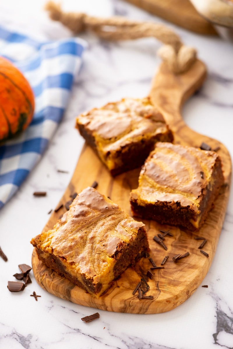 Chocolate Pumpkin Brownies on a board