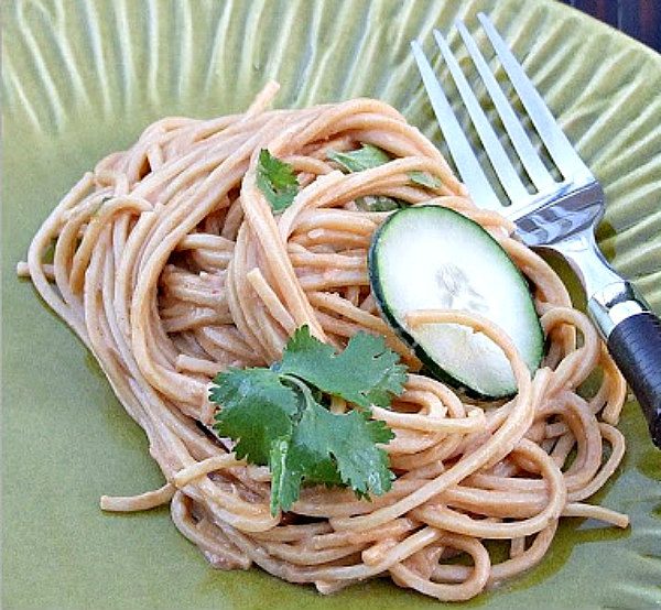 Cold Sesame Noodles garnished with cilantro and cucumber