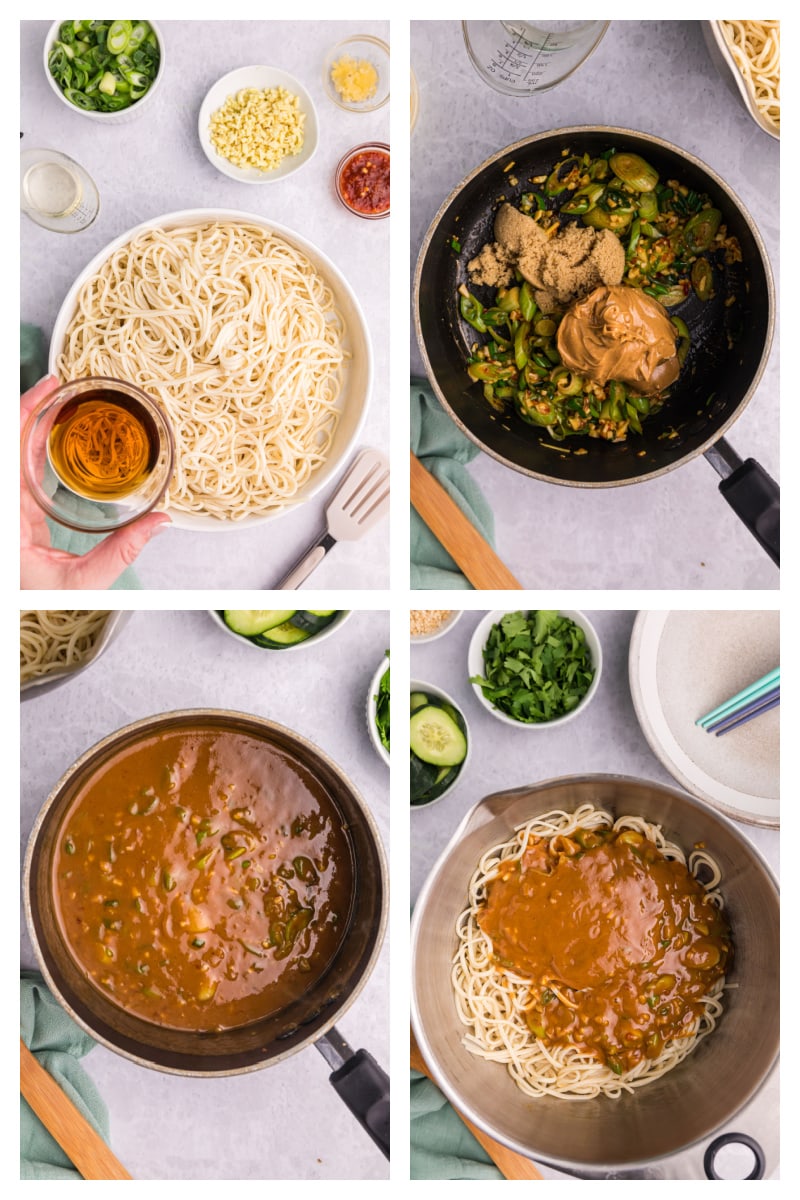 four photos showing how to make cold sesame noodles
