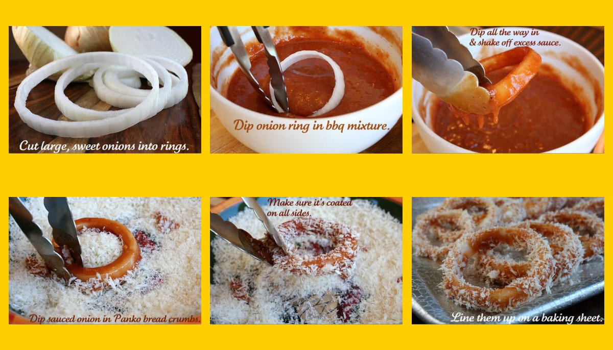 Collage of how to make baked bbq onion rings