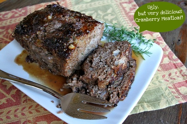 Cape Cod Cranberry Meatloaf from RecipeGirl.com #meatloaf #cranberry #comfortfood #RecipeGirl Cape Cod Cranberry Meatloaf on a white plate