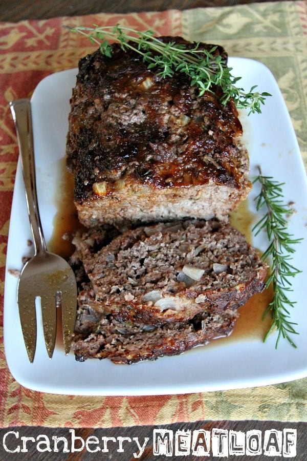 Cape Cod Cranberry Meatloaf from RecipeGirl.com #meatloaf #cranberry #comfortfood #RecipeGirl Cape Cod Cranberry Meatloaf on a white plate