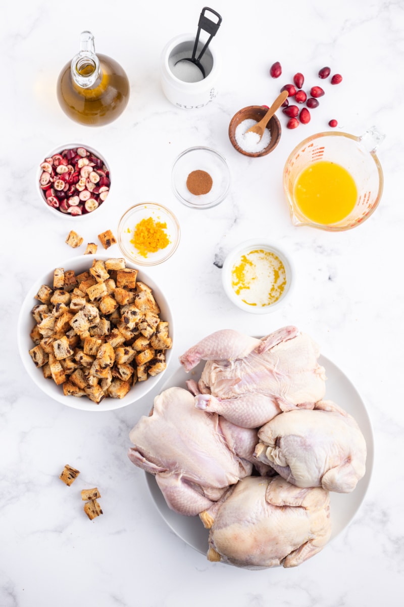 ingredients displayed for making cranberry stuffed cornish hens