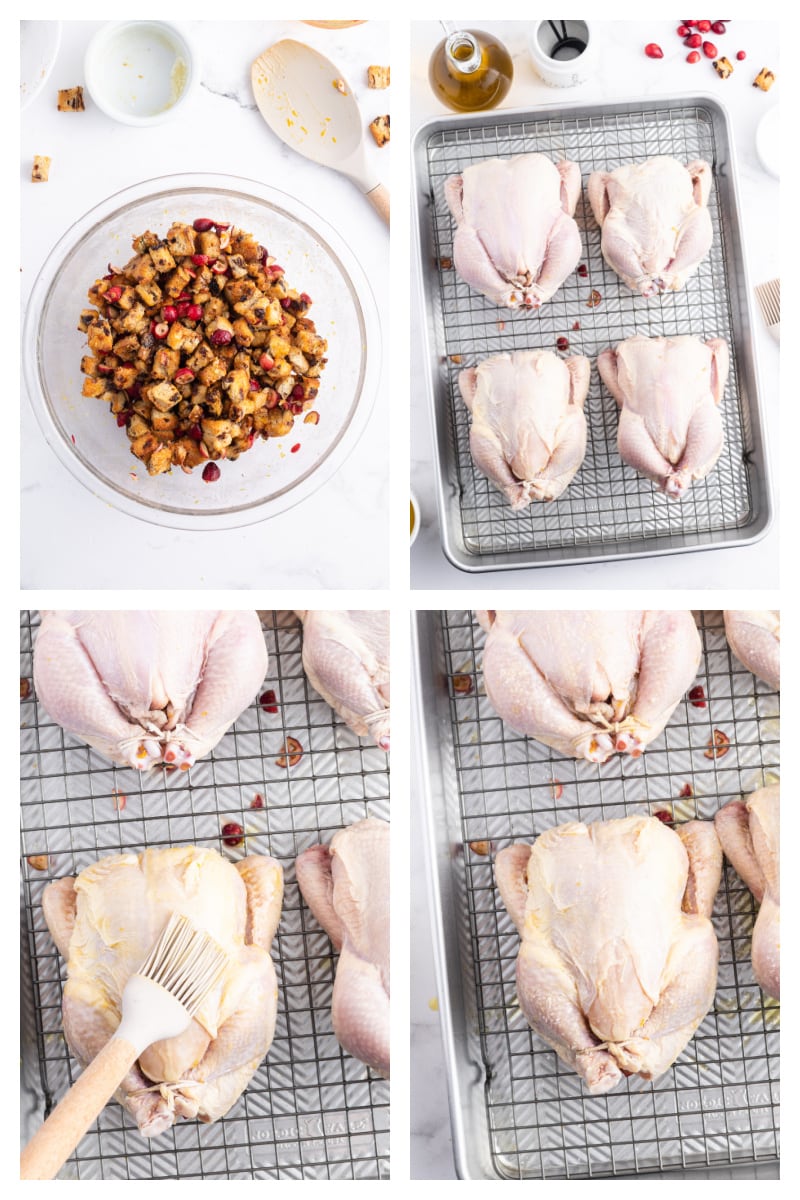four photos showing how to make cranberry stuffed cornish hens