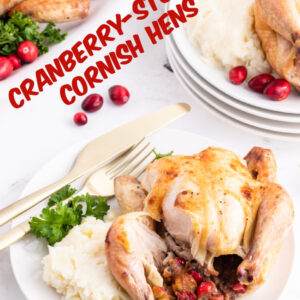 pinterest image for cranberry stuffed cornish hens