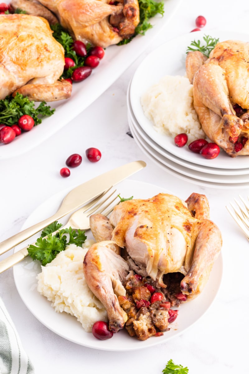 cranberry stuffed cornish hen on a plate