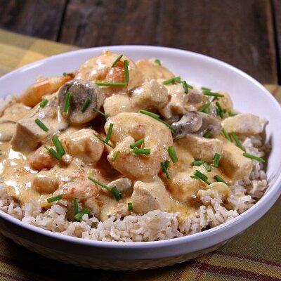 deluxe chicken and shrimp in a white bowl