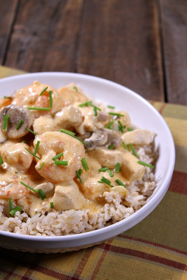 Deluxe Chicken and Shrimp recipe from RecipeGirl.com #chicken #shrimp #comfortfood #RecipeGirl Deluxe Chicken and Shrimp in bowl