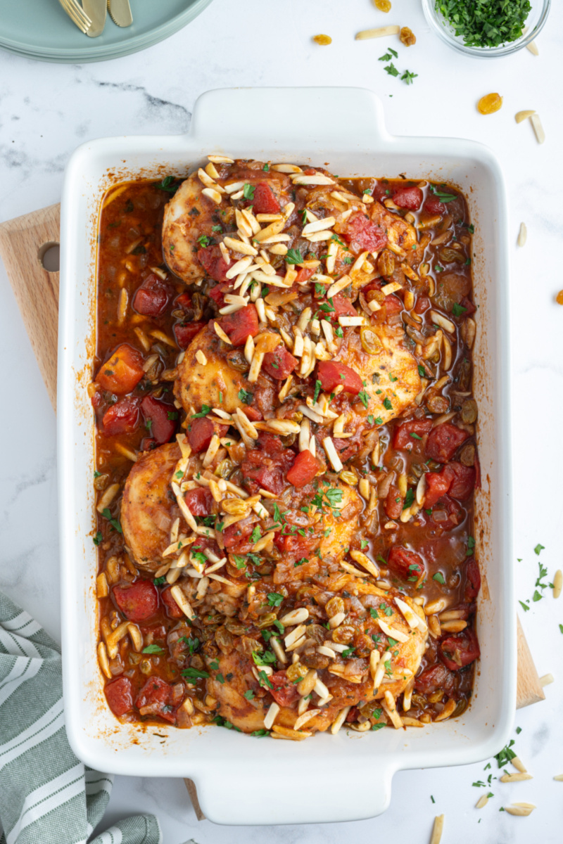 drunken chicken in a baking dish