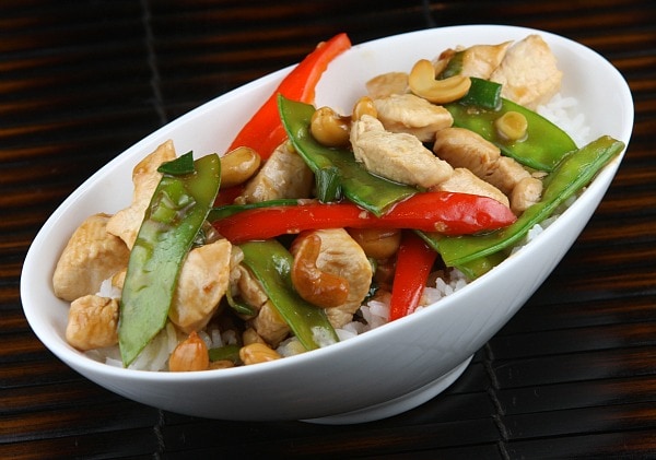 bowl of chicken stir fry on top of rice