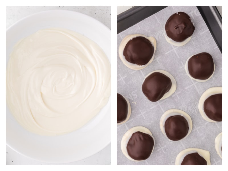 two photos showing melted white chocolate and then truffles dipped in white chocolate