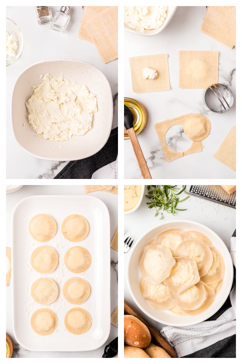 four photos showing how to make goat cheese ravioli