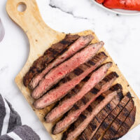 steak cut into slices on cutting board