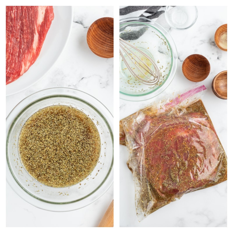 marinade in a bowl and then marinade with steak in a zip baggie
