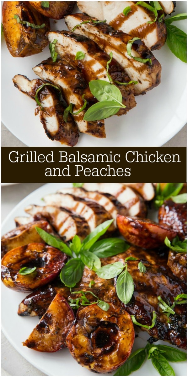 Pinterest collage image for grilled balsamic chicken and peaches