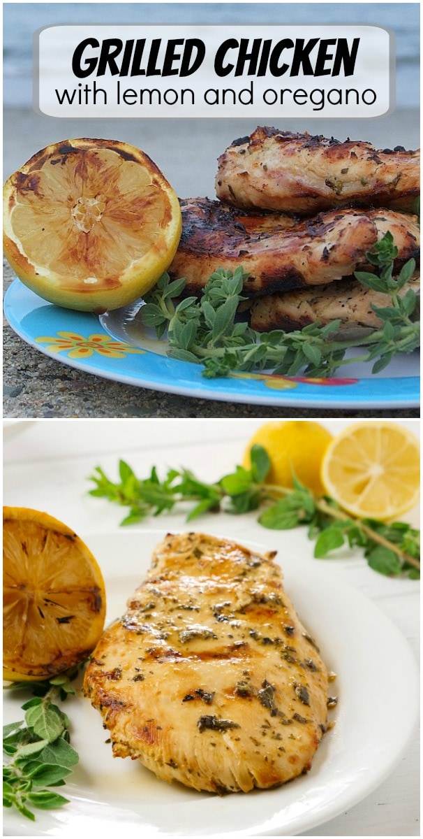 Grilled Chicken with Lemon and Oregano recipe from RecipeGirl.com #grilled #chicken #lemon #oregano #recipe #RecipeGirl pinterest collage image for grilled chicken with lemon and oregano