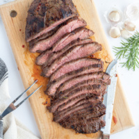 sliced flank steak on a board