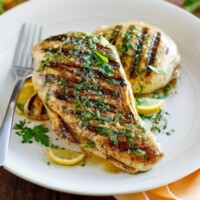 grilled lemon mustard chicken on a white plate.