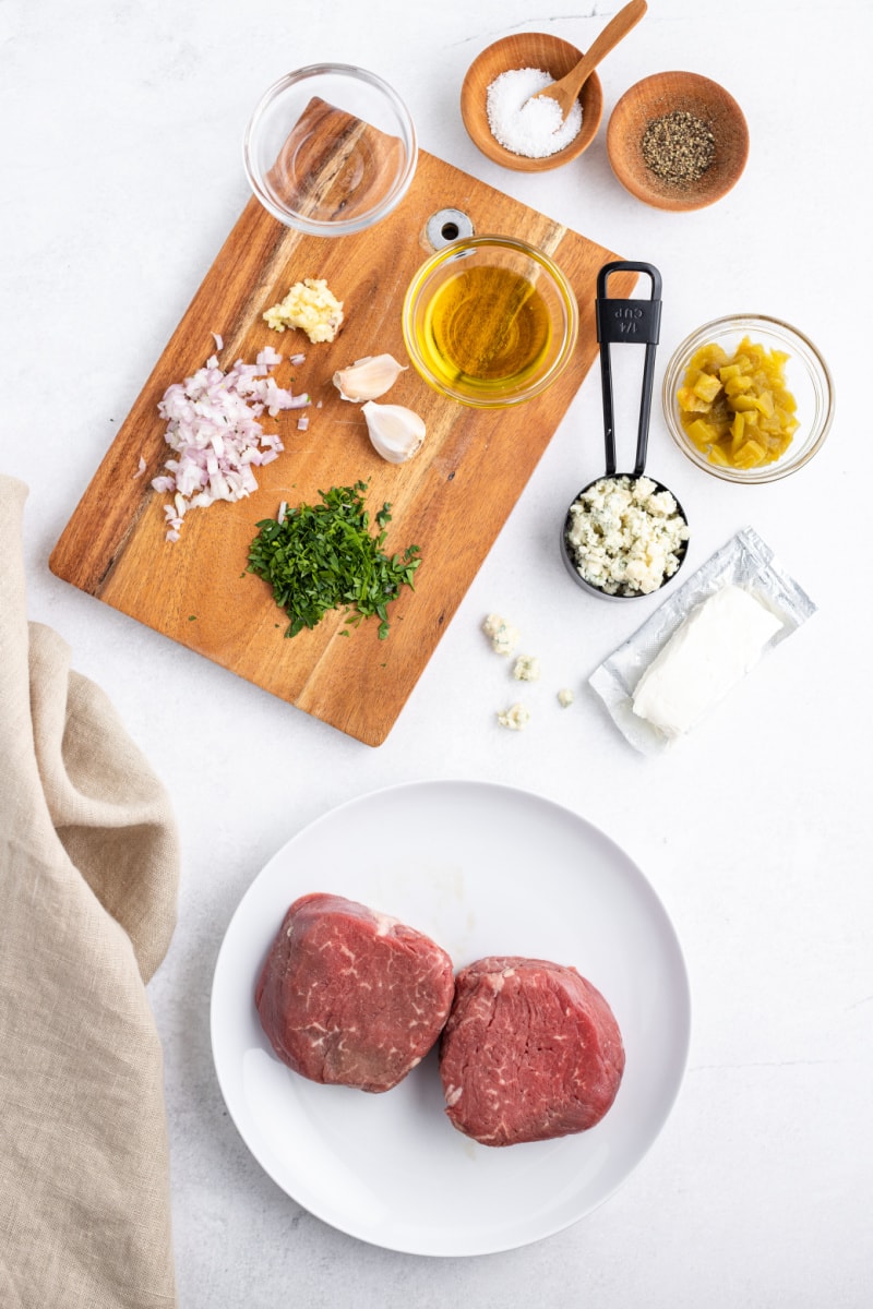 ingredients displayed for making grilled steaks with blue cheese and chiles