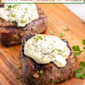 pinterest image for grilled steaks with blue cheese and chiles