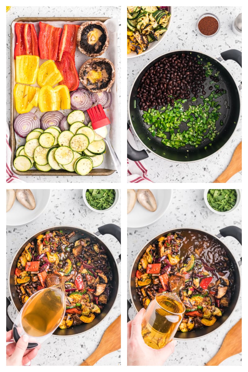 four photos showing how to make grilled vegetable chili