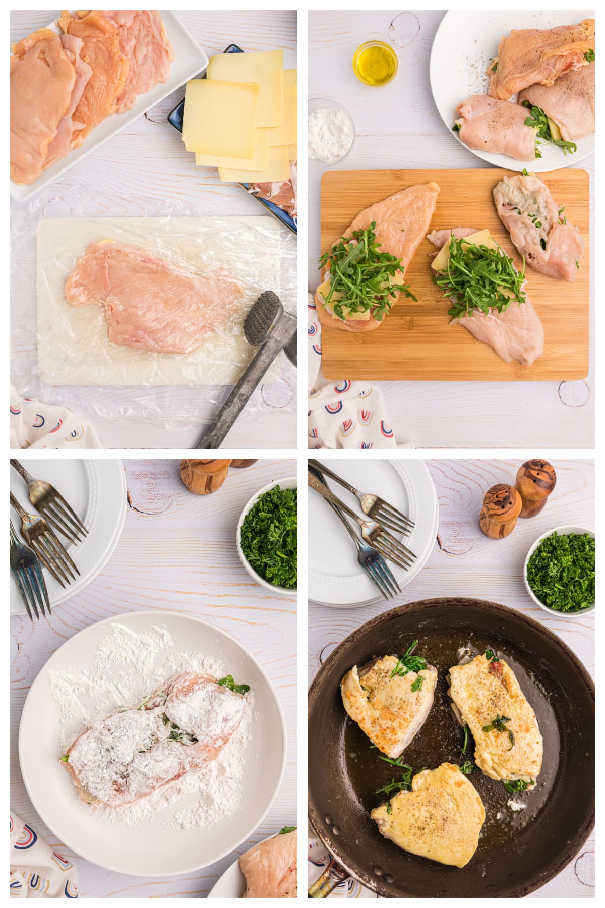 four photos for making gruyere arugula and prosciutto stuffed chicken breasts