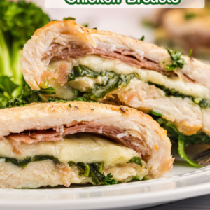 pinterest image for gruyere arugula and prosciutto stuffed chicken breasts