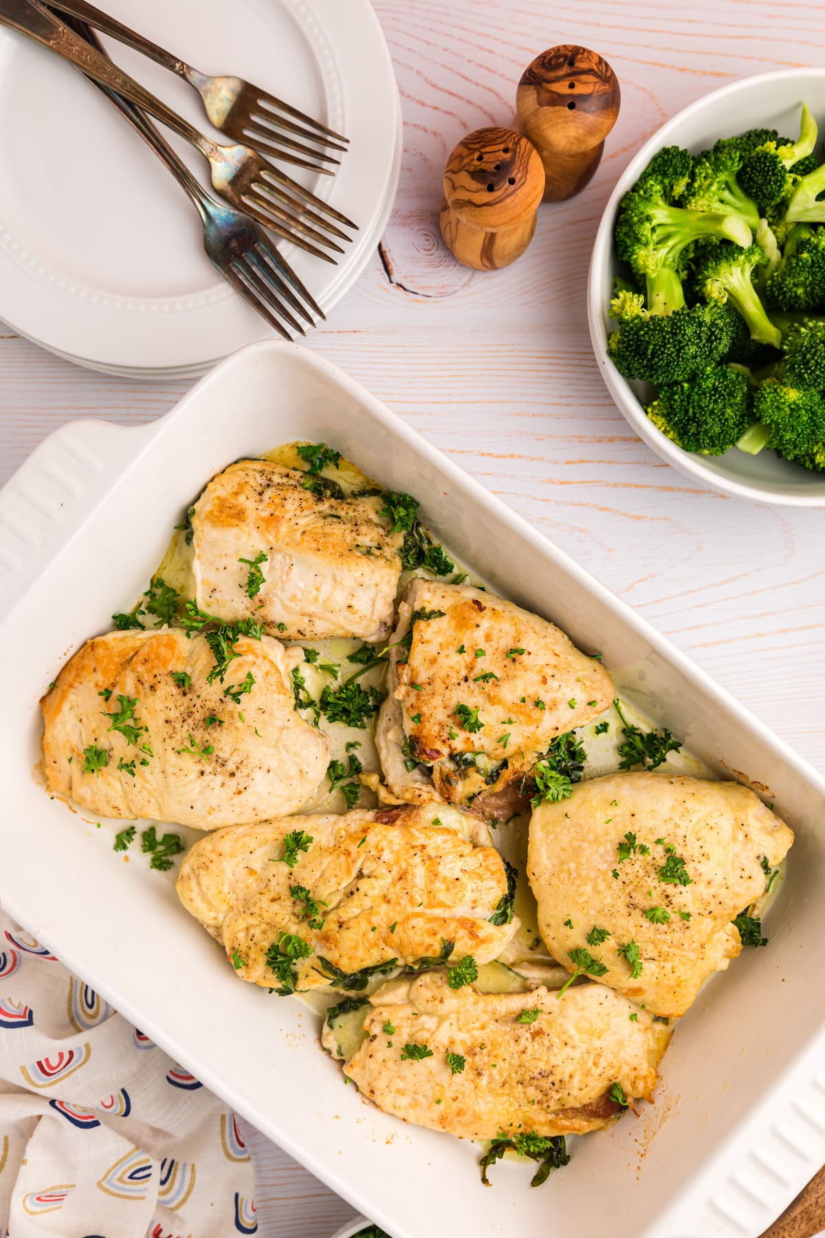 stuffed chicken breasts in casserole dish