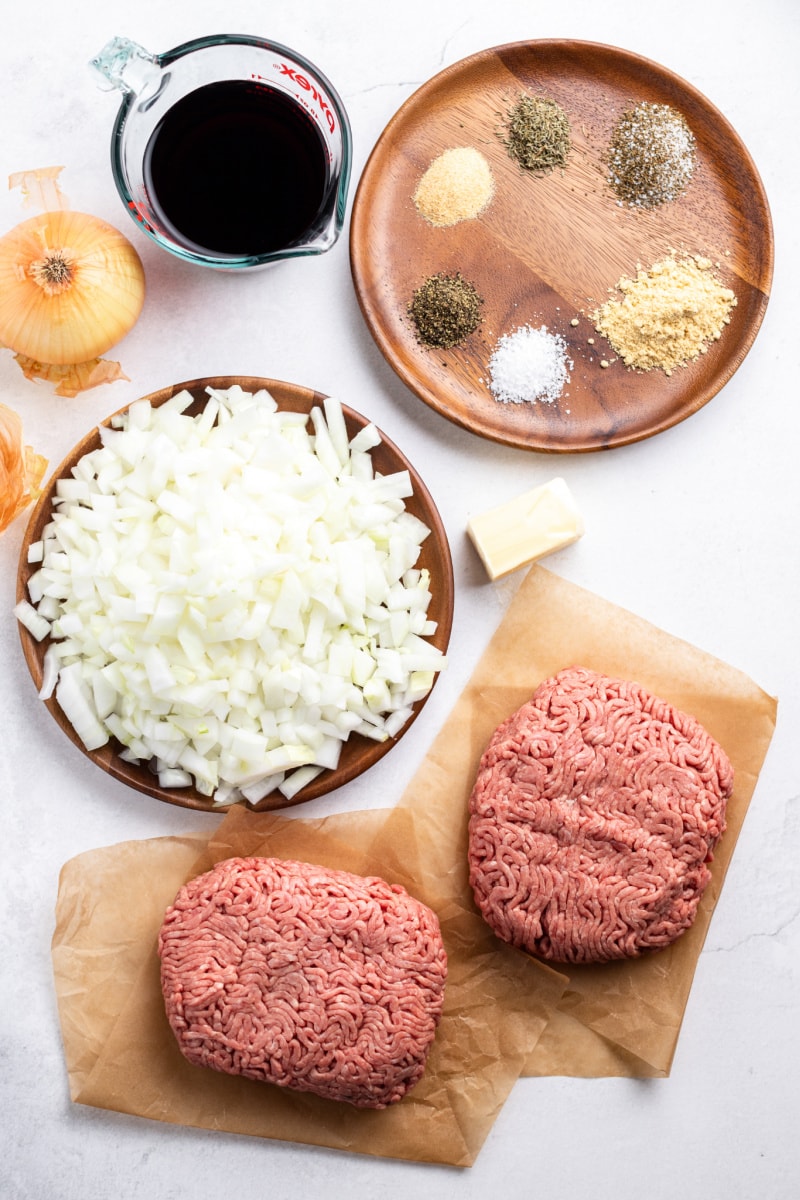 Hamburgers with Cabernet and Sauteed Onions #hamburgers #burgers #cabernet #sauteedonions #recipe #RecipeGirl ingredients displayed for making hamburgers