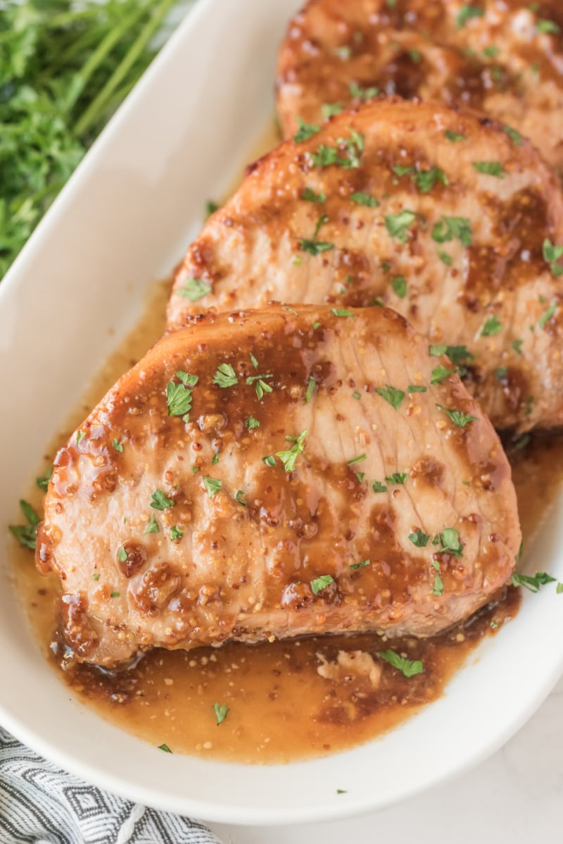 hoisin and honey glazed pork chops on serving platter